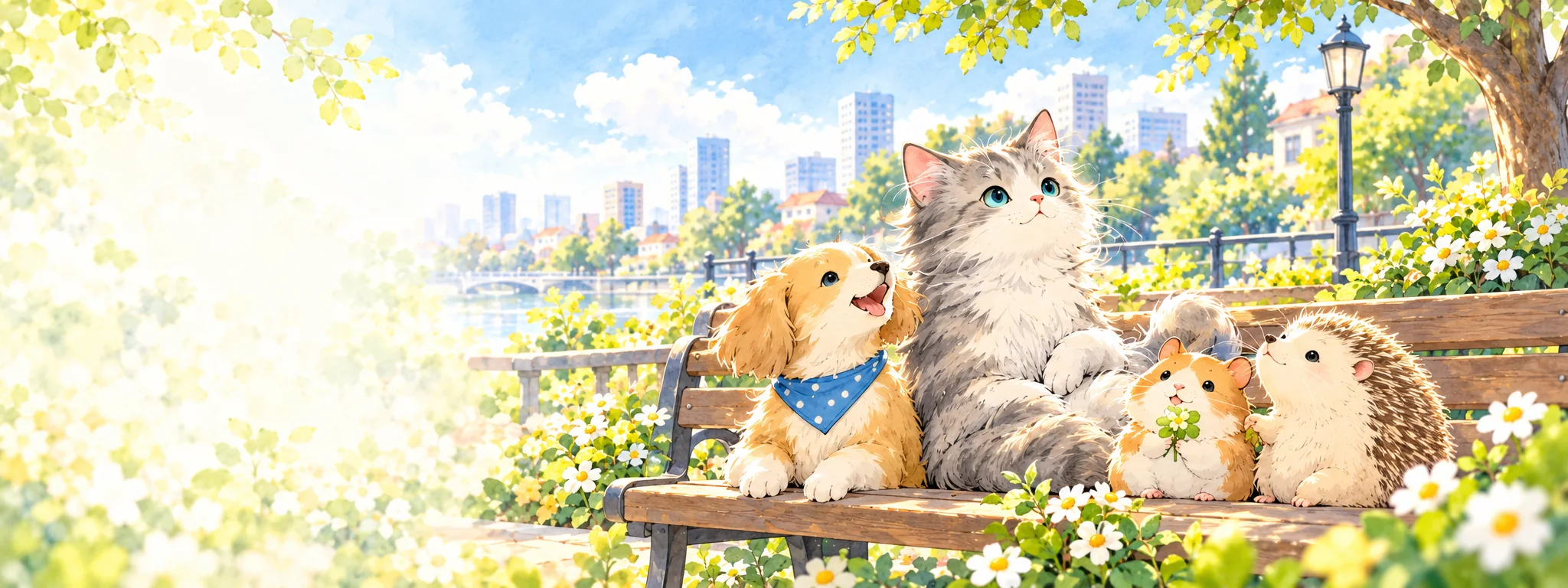 犬、猫、ハムスター、ハリネズミが並ぶイラスト