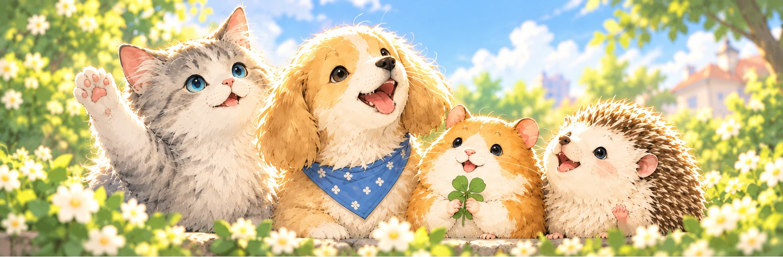 猫、犬、ハムスター、ハリネズミの4匹が笑顔で並んでいるイラスト