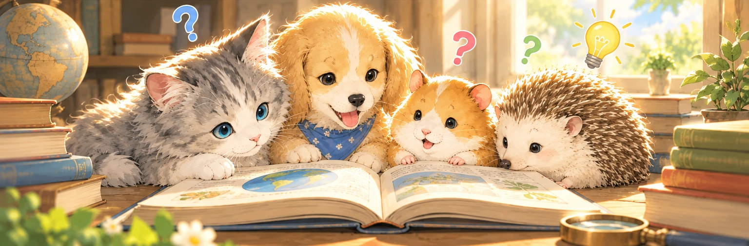 4匹の仲間たちが大きな本を囲み、疑問を調べながら学んでいるイラスト